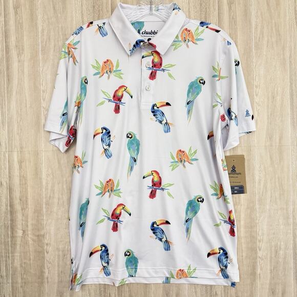 Chubbies Performance Polo 2.0 Shirt Men’s Small The Dude Where's Macaw Parrots - Picture 2 of 16
